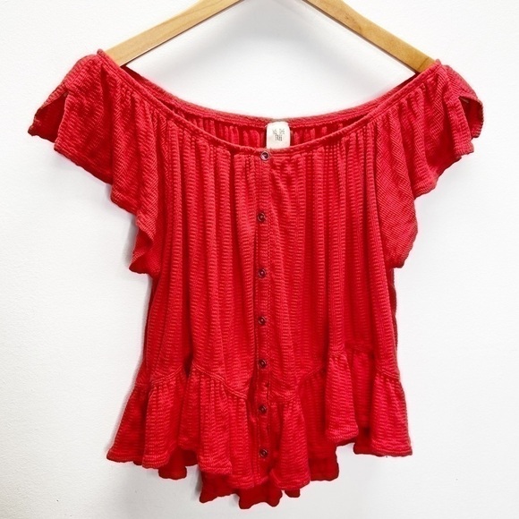 Free People Mint Julep Cherry Red Off Shoulder Top Sz S - Picture 4 of 8